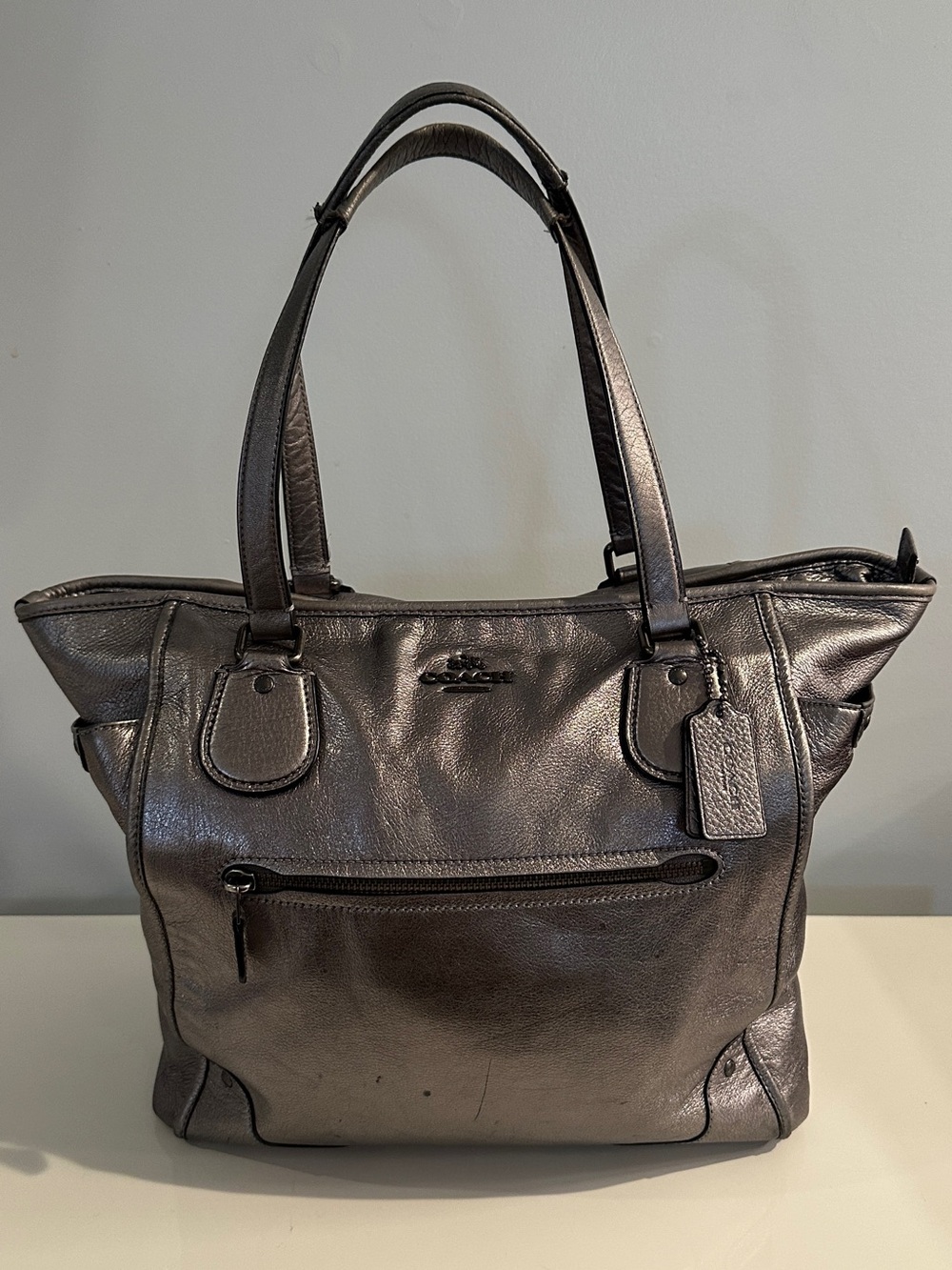 Coach Metallic Pewter Leather Tote Shoulder Bag Large Zip Top Purse